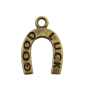 Antique bronze horseshoe pendant with Good Luck engraving and hanging loop for DIY jewelry