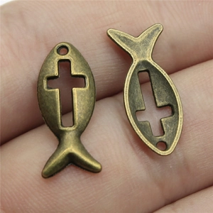 Vintage bronze alloy Jesus fish pendants with hollow cross detail for DIY jewelry making
