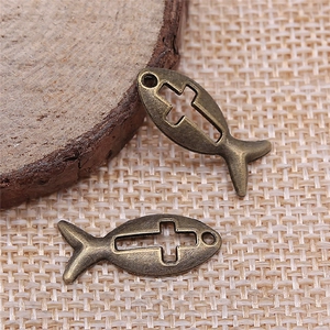 Vintage bronze Jesus fish pendant with hollow cross for DIY jewelry making and crafts