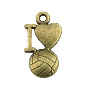 Antiker Bronze-Anhänger I Love Volleyball mit Herz für die Schmuckherstellung