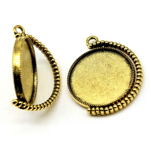 Antique gold rotating circular double-sided pendant base with decorative bead texture
