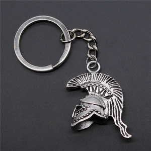 3D vintage Roman warrior helmet keychain with antique silver finish and durable metal ring
