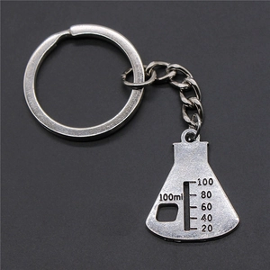 Retro vintage silver Erlenmeyer flask metal keychain with 100ml lab measurement scale