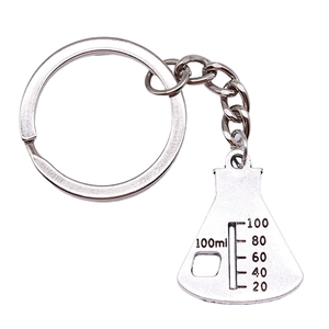 Silver metal beaker keychain with 100ml scale engraving for science lovers