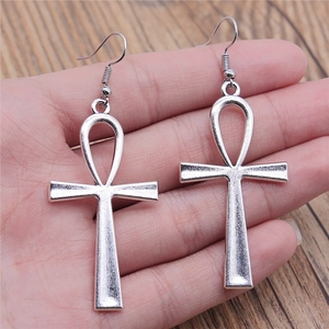 Retro silver Ankh cross drop earrings with hooks for women in vintage Egyptian style