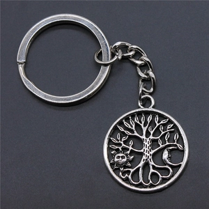 Vintage silver sun moon tree of life keychain with hollow metal pendant and round ring