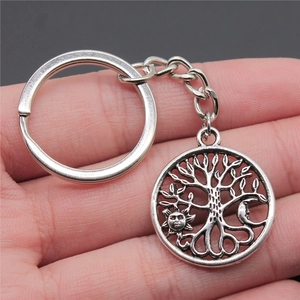Retro silver tree of life keychain with sun and moon pendant in bohemian style