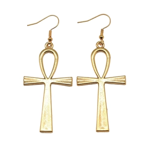 Retro Egyptian Ankh cross gold drop earrings with minimalist handmade hook design