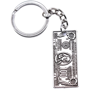 Vintage style metal 100 dollar bill pendant keychain with embossed silver finish
