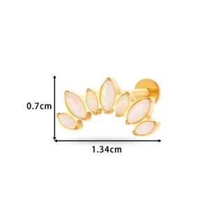 Golden fan-shaped titanium ear cartilage stud with opal marquise stones measuring 1.34x0.7cm