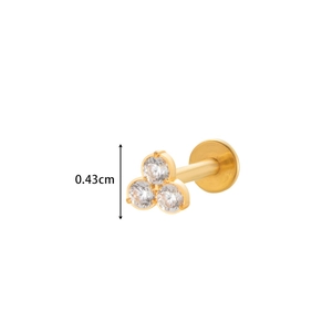 Titanium labret stud with golden three-diamond clover design and 0.43cm decorative top