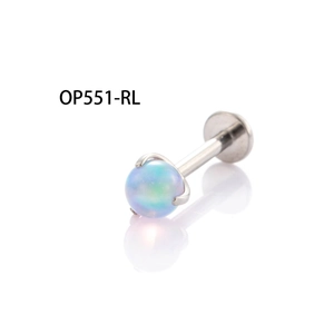 F136 G23 Titanium stud with blue-green opal stone and four-claw setting on white background
