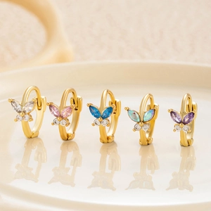 Elegant gold-plated butterfly huggie earrings set with colorful cubic zirconia stones