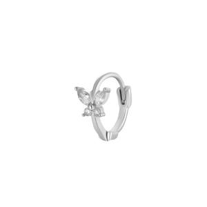 Silver butterfly hoop earrings with sparkling zircon stones on a white background