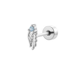 Silver angel wing cartilage piercing with light blue gemstone and flat back screw