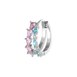 Boucle d'oreille anneau argenté avec zirconias roses poire et bleues marquise