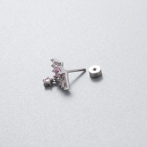 Silver-toned angel wing heart earring with pink zircon and threaded screw back