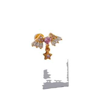 Gold wing earrings with pink heart zircon and a star pendant for women