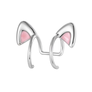 Minimalist silver cat ear clip earrings with pink enamel inlay for non-pierced ears
