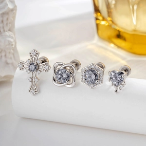 Titanium Steel Heart Cross Ear Studs With Cubic Zirconia Piercing Jewelry Retro Punk Style For Women Men