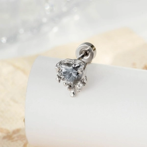 Titanium steel heart stud earring featuring a liquid metal design and sparkly diamonds