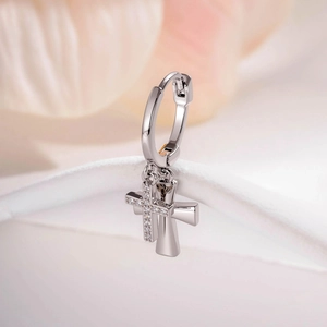 Silver cross drop earrings with zircon tassel micro-inlaid on a sleek metal hoop