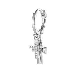 Polished silver hoop earrings with zircon pavé cross charms and dangling cross pendants