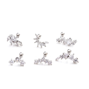 Detailed macro view of six surgical steel ear studs set with cubic zirconia stones