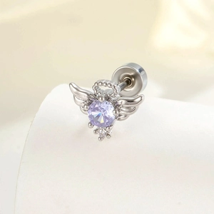 Titanium steel angel wing cartilage stud with light purple zircon and flat screw back