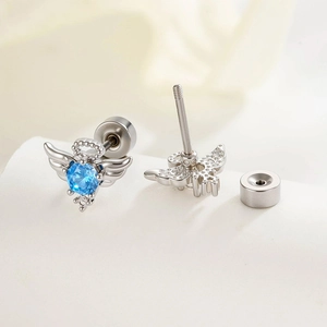 Titanium steel angel wing stud earring with sky blue zircon and secure screw back