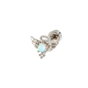 Titanium steel angel wing stud earring with iridescent opal and sparkling zircon