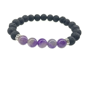 Bracciale in pietra lavica nera e ametista viola con perline d'argento in stile greco