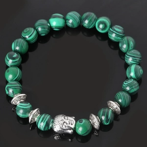 Detailed view of green malachite beads and a silver Buddha head charm on the bracelet