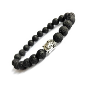 Ethnic Buddha Head Beaded Bracelet Natural Lava Rock Tiger Eye Stone Elastic Strand Bracelet For Men Women Yoga Jewelry