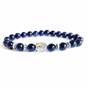 Blue goldstone beaded bracelet with silver Buddha head and textured spacer beads