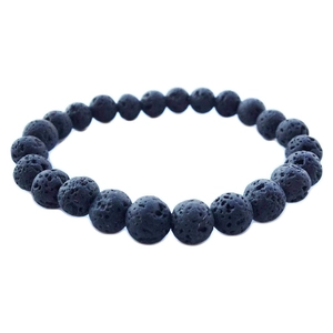 Bracciale di perle in pietra lavica nera naturale con trama porosa su sfondo bianco