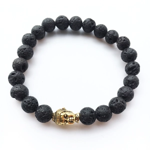 Bracelet en pierre de lave avec tête de Bouddha dorée, bijoux de yoga en pierre volcanique