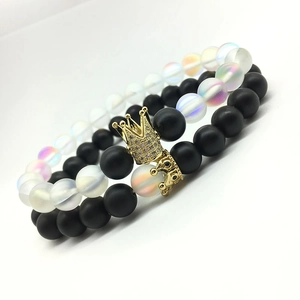 Ensemble de bracelets en perles couronne pour couples avec billes noires et pierre de lune