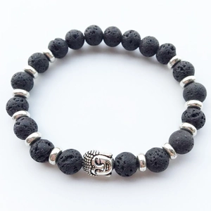 Handcrafted black lava stone beaded bracelet with silver Buddha head and spacers