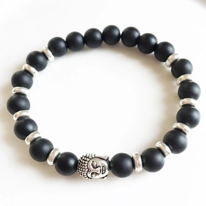 Detailed view of black lava beads with silver Buddha head pendant and spacer accents