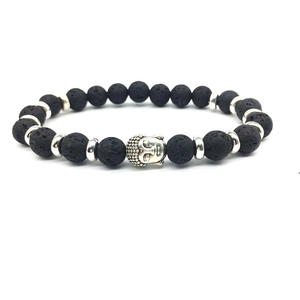 Bohemian Natural Lava Stone Tiger Eye Beads Bracelet Silver Buddha Head Alloy Charms Zen Elastic Beaded Wristband Jewelry