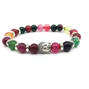 Multicolor stone bead bracelet with silver buddha head and lava rock details on white background