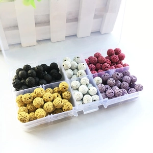 Colorful lava stone bead set with porous texture in 10-compartment storage box