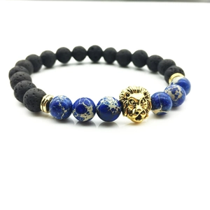 Bracelet en Perles de Pierre de Lave et Pierre d'Empereur Avec Breloque Tête de Lion Vintage Élastique Unisexe Bijoux