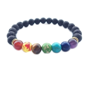 Bracciale Sette Chakra con pietre di lava nere naturali e perle di gemme multicolore