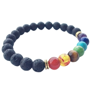 Bracciale energetico 7 Chakra fatto a mano con pietra lavica nera e perle in occhio di tigre