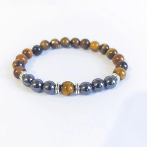 Yellow Tiger Eye and Hematite 8mm beaded bracelet with silver spacer accents