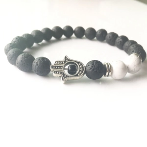 Βραχιόλι Hamsa Hand με ηφαιστειακή πέτρα και λευκό τυρκουάζ σε boho στυλ