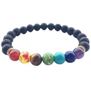 Bracciale chakra in pietra lavica con sette perline colorate occhio di tigre e oro metallo