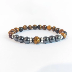 Unisex Yellow Tiger Eye And Hematite Beaded Bracelet Natural Stone Healing Energy Elastic Jewelry For Men And Women